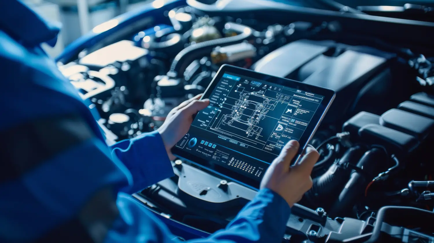 Spezialist inspiziert den Motorraum eines Fahrzeugs mithilfe eines Tablet-Computers und einer futuristischen interaktiven Diagnosesoftware.